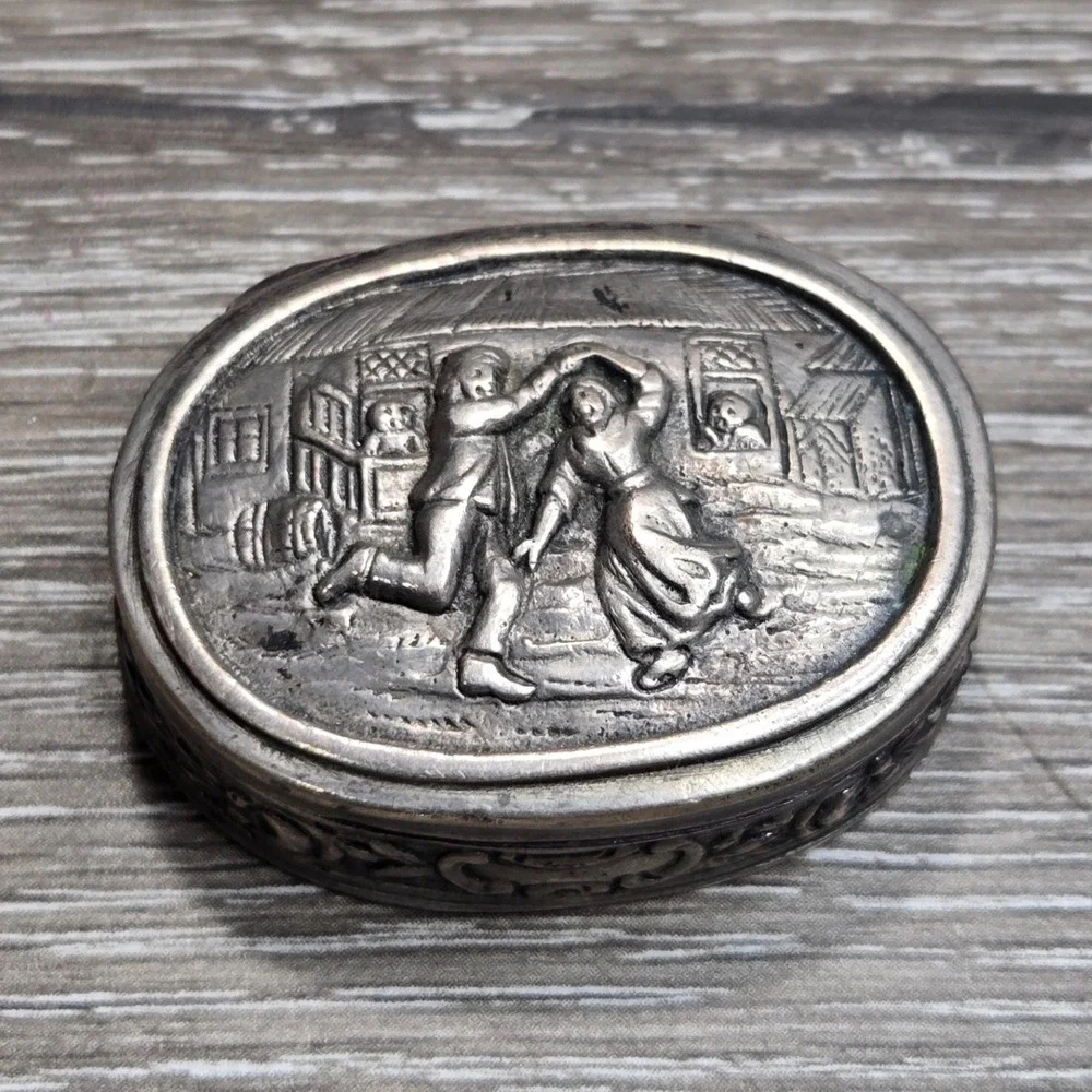 Antique German 800 Silver Oval Box Snuff Box Dancing Couple Relief Repousse